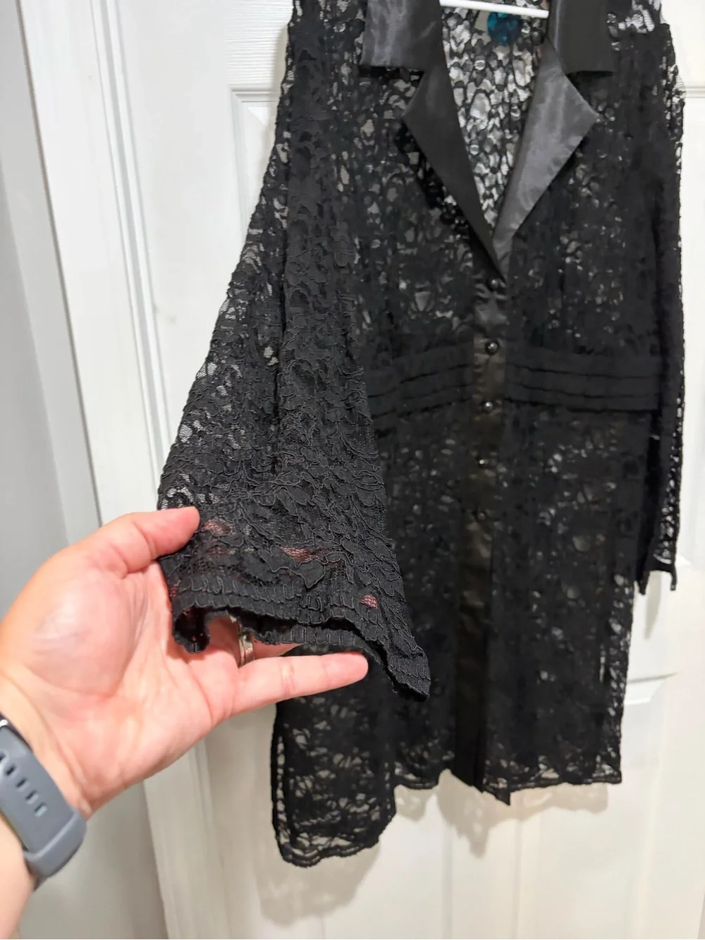 SUSAN GRAVER Style Women’s Black Lace Sheer Satin Trim Duster Jacket 2XL